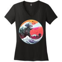 Retro 80's Godzilla Attack Wave Women's V-Neck T-Shirt