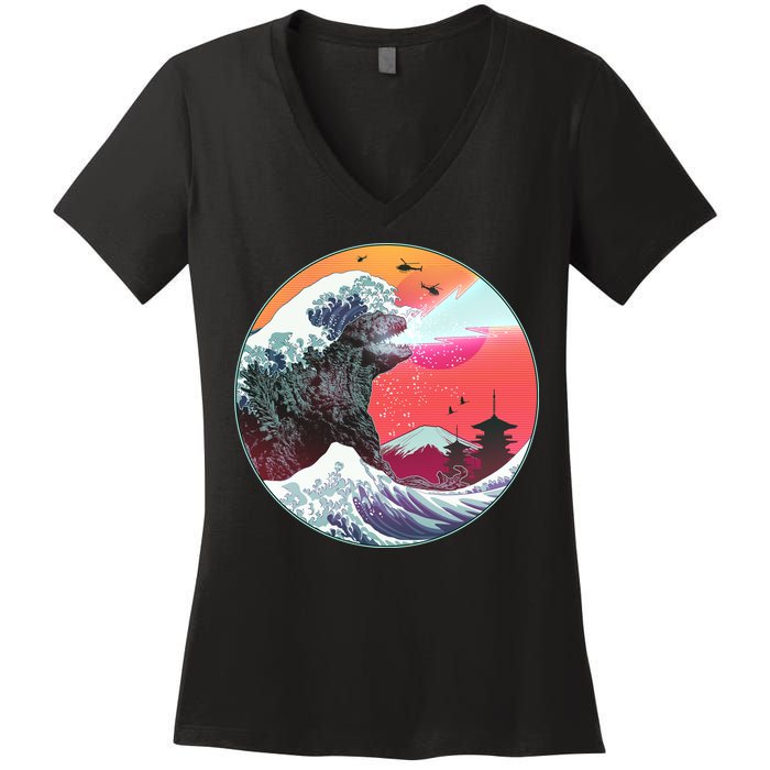 Retro 80's Godzilla Attack Wave Women's V-Neck T-Shirt