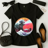 Retro 80's Godzilla Attack Wave Women's V-Neck T-Shirt