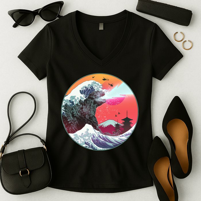 Retro 80's Godzilla Attack Wave Women's V-Neck T-Shirt