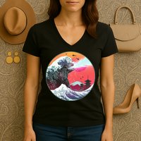 Retro 80's Godzilla Attack Wave Women's V-Neck T-Shirt