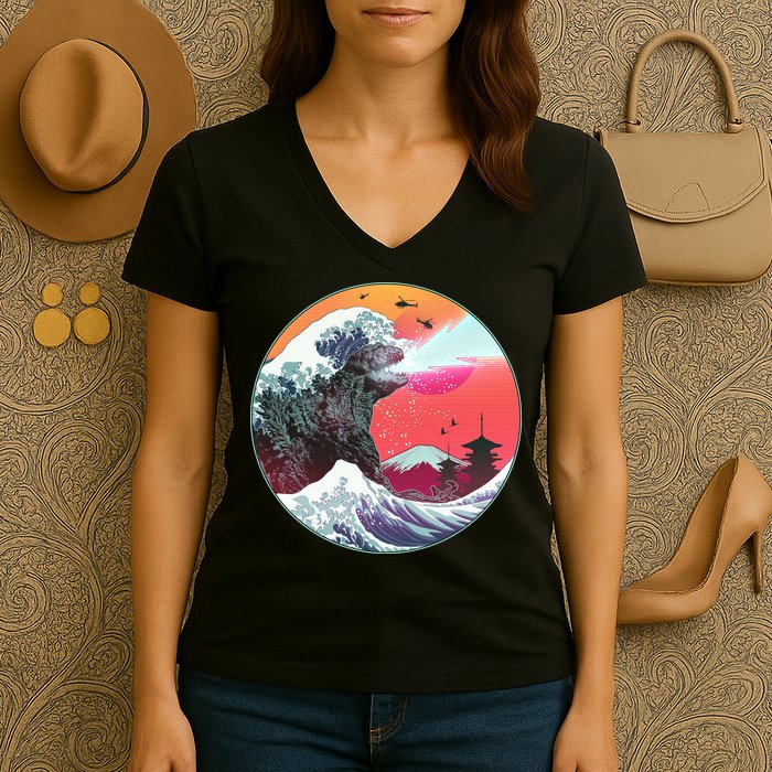 Retro 80's Godzilla Attack Wave Women's V-Neck T-Shirt