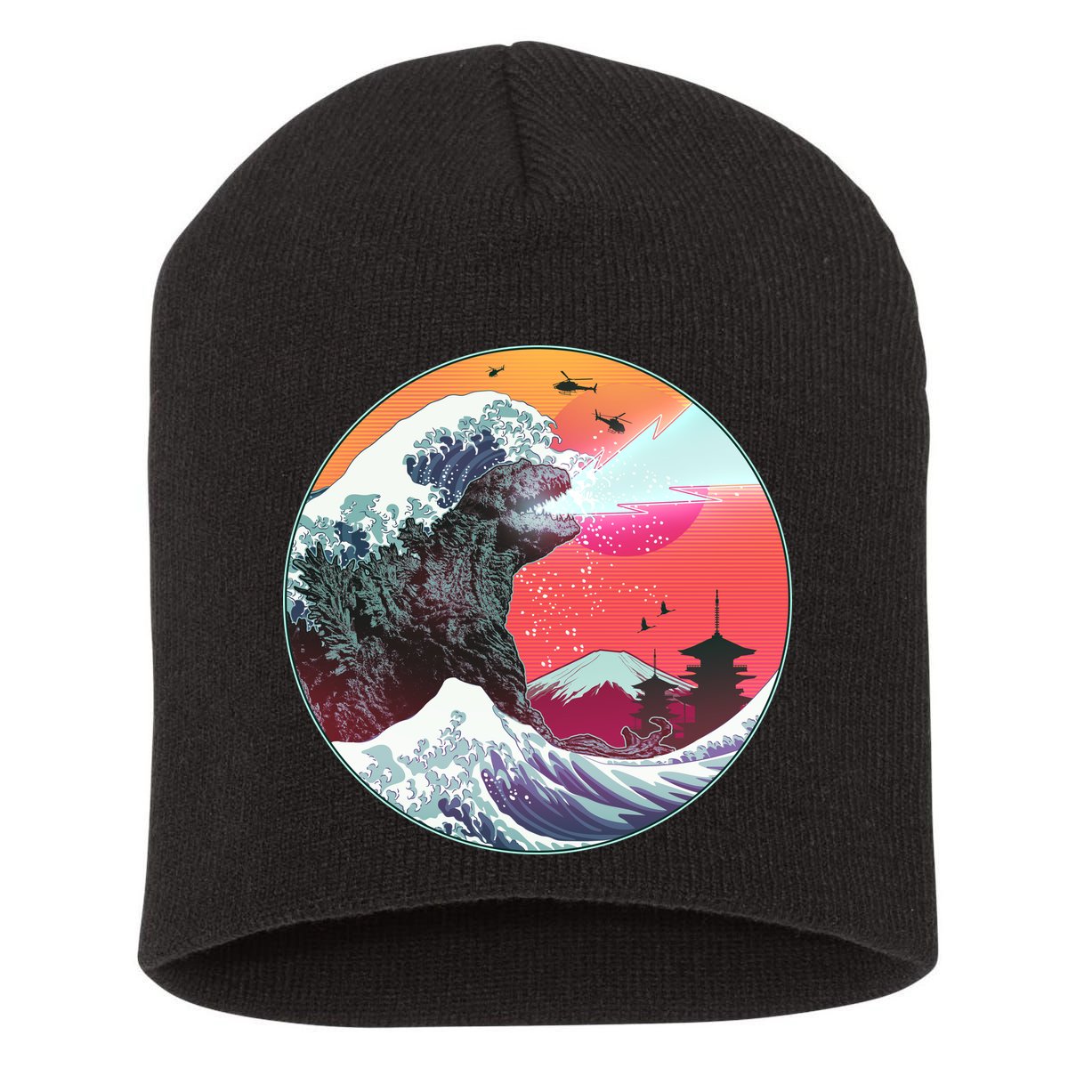 Retro 80's Godzilla Attack Wave Short Acrylic Beanie