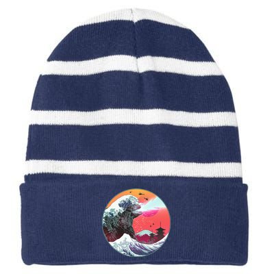 Retro 80's Godzilla Attack Wave Striped Beanie with Solid Band