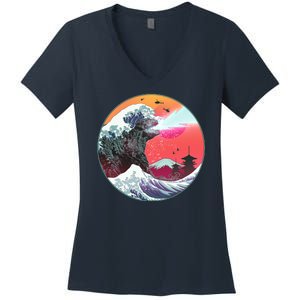 Retro 80's Godzilla Attack Wave Women's V-Neck T-Shirt