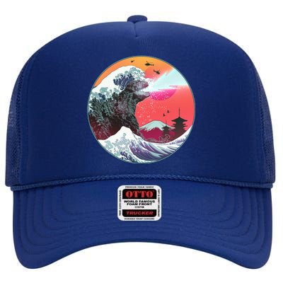 Retro 80's Godzilla Attack Wave High Crown Mesh Back Trucker Hat