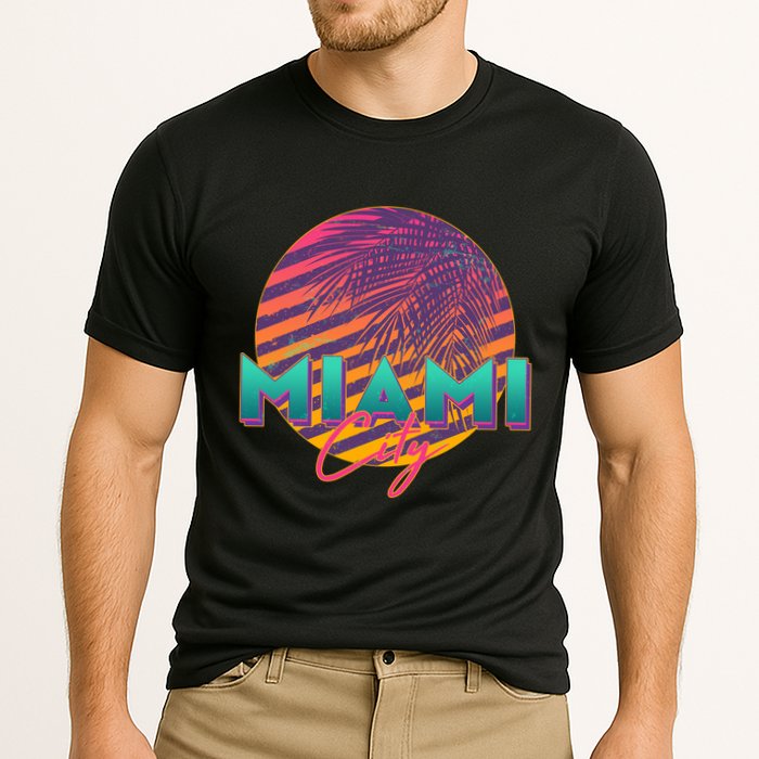 Retro 80's Miami CIty Emblem Cooling Performance Crew T-Shirt