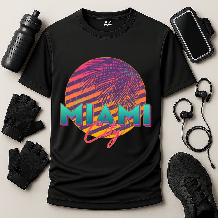 Retro 80's Miami CIty Emblem Cooling Performance Crew T-Shirt