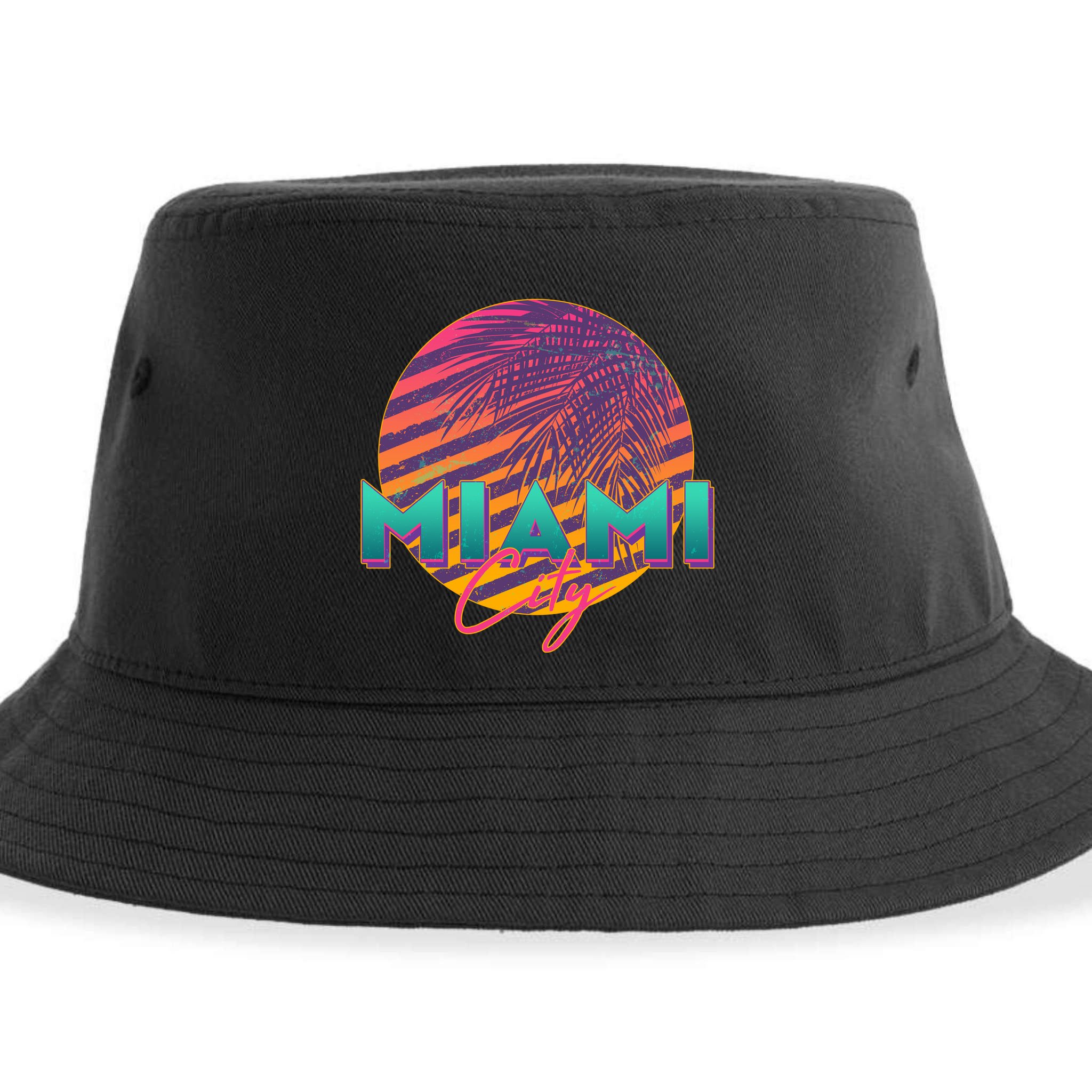 Retro 80's Miami CIty Emblem Sustainable Bucket Hat