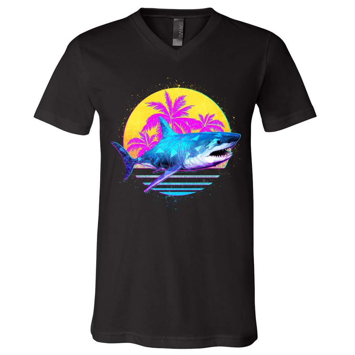 Retro 80s Polygon Shark V-Neck T-Shirt