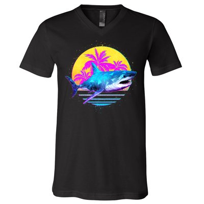 Retro 80s Polygon Shark V-Neck T-Shirt