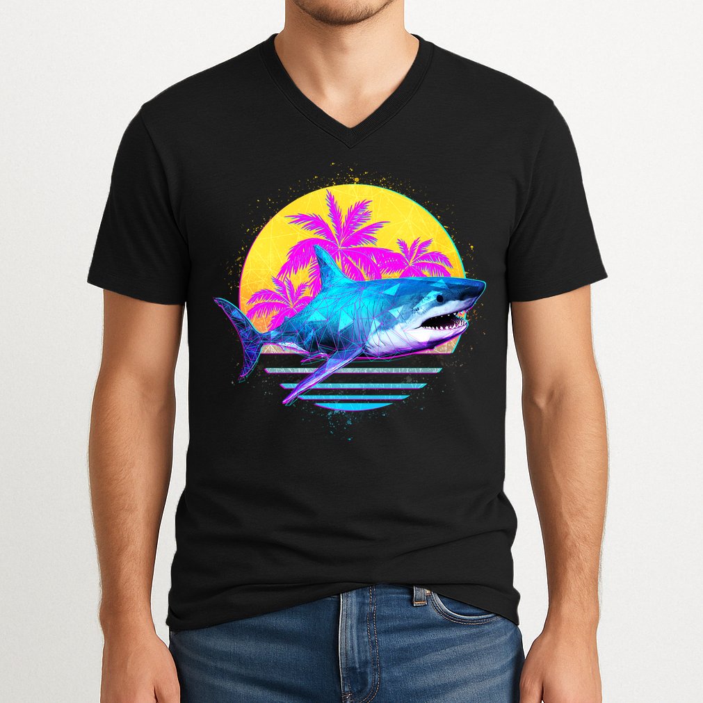 Retro 80s Polygon Shark V-Neck T-Shirt