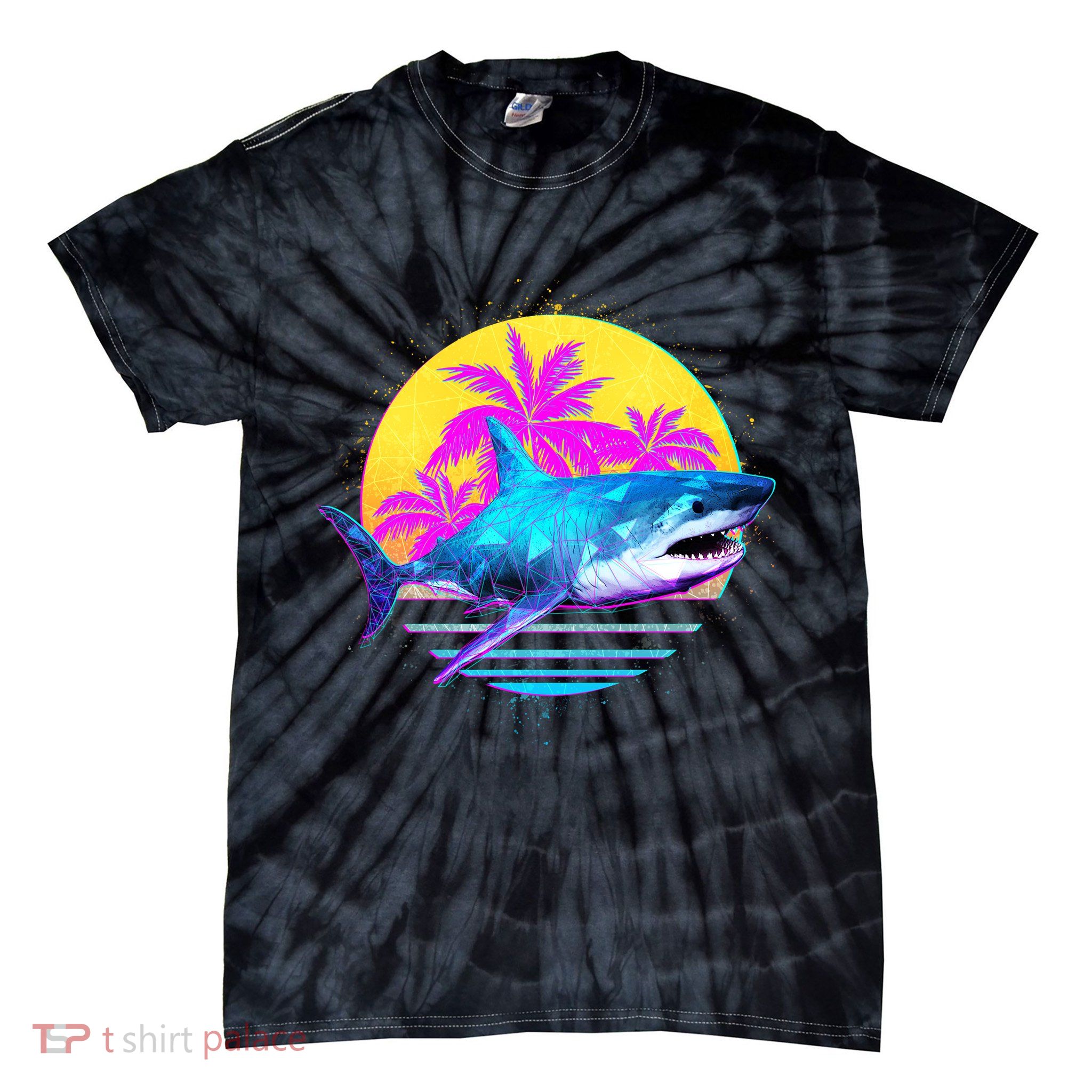 Retro 80s Polygon Shark Tie-Dye T-Shirt