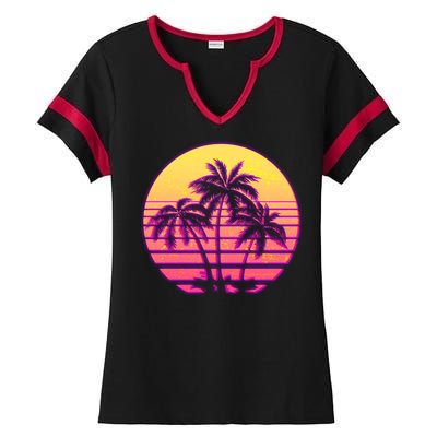 Retro 80's Sunset Palms Ladies Halftime Notch Neck Tee