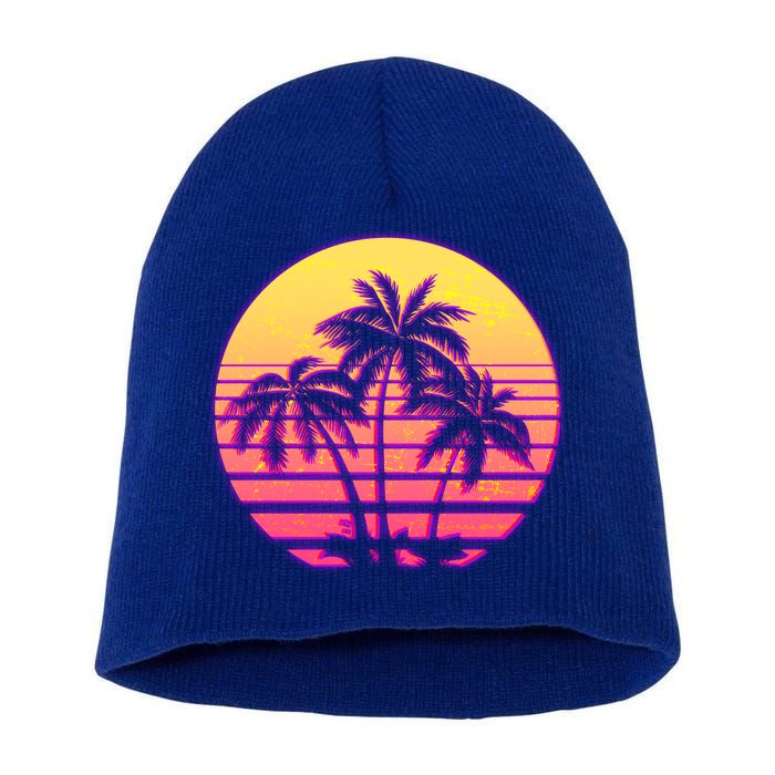 Retro 80's Sunset Palms Short Acrylic Beanie