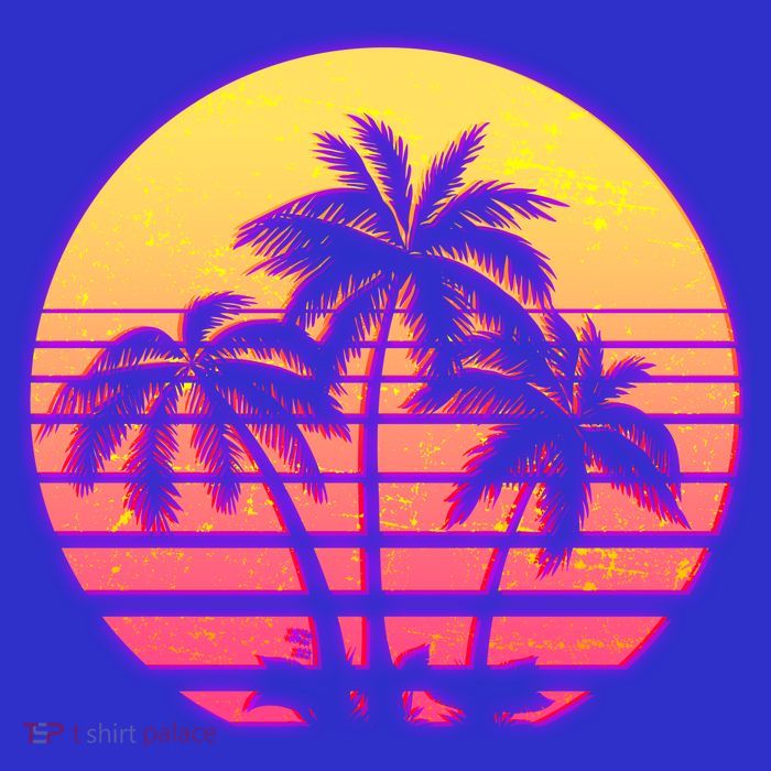 Retro 80's Sunset Palms Short Acrylic Beanie