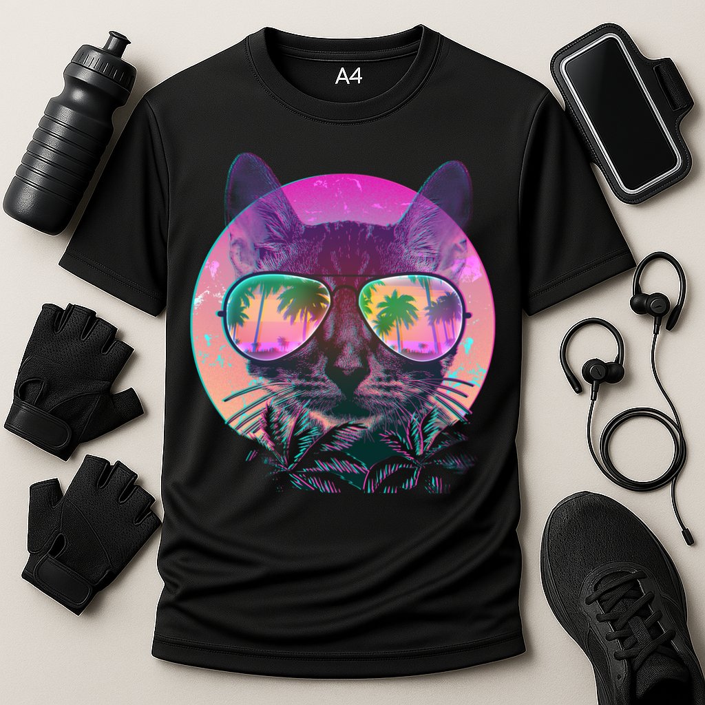 Retro 80s Tropical Cat Performance Shirt