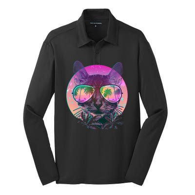 Retro 80s Tropical Cat Silk Touch Performance Long Sleeve Polo