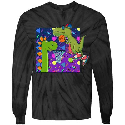 Retro 90's Basketball Dinosaurs Tie-Dye Long Sleeve Shirt