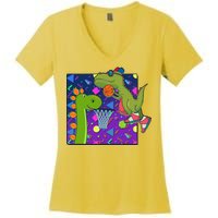 Retro 90's Basketball Dinosaurs Women's V-Neck T-Shirt