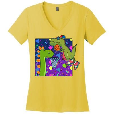 Retro 90's Basketball Dinosaurs Women's V-Neck T-Shirt