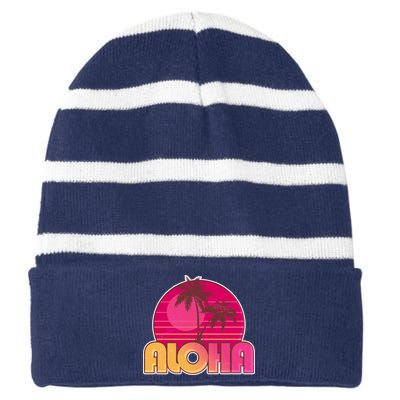 Retro Aloha Summer Fun Pink Logo Striped Beanie with Solid Band