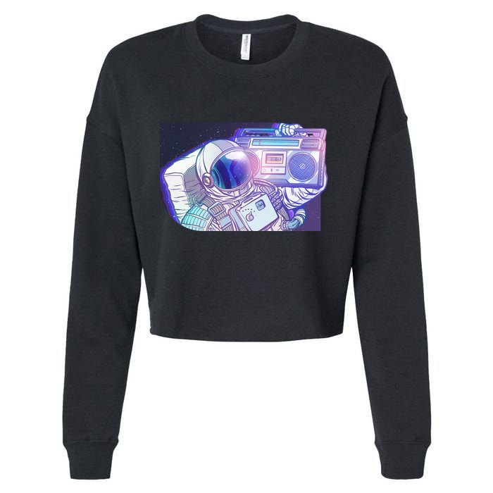 Retro Astronaut Galazy Boombox Cropped Pullover Crew