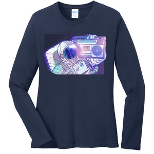 Retro Astronaut Galazy Boombox Ladies Long Sleeve Shirt