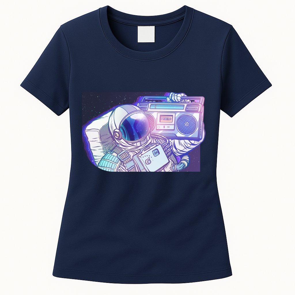 Retro Astronaut Galazy Boombox Womens T-Shirt