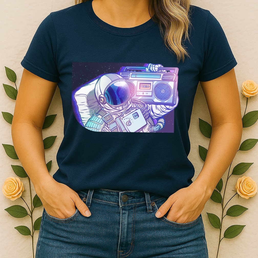 Retro Astronaut Galazy Boombox Womens T-Shirt