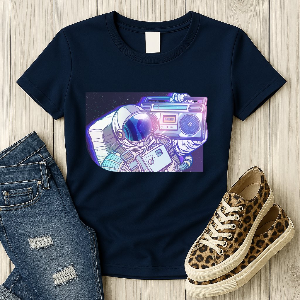 Retro Astronaut Galazy Boombox Womens T-Shirt