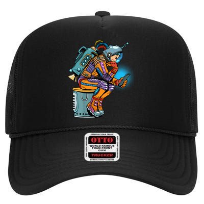 Retro Astronaut With Smartphone High Crown Mesh Back Trucker Hat