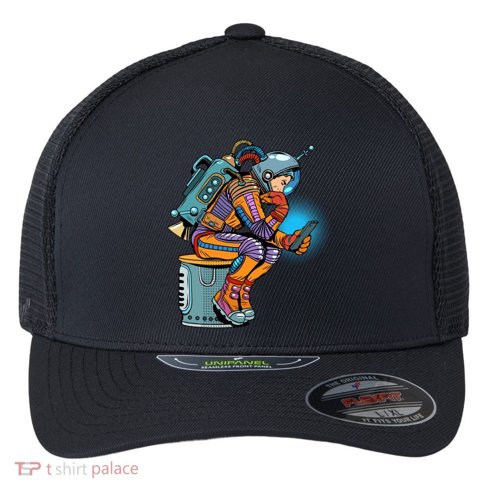 Retro Astronaut With Smartphone Flexfit Unipanel Trucker Cap
