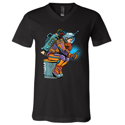 Retro Astronaut With Smartphone V-Neck T-Shirt