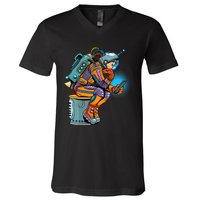Retro Astronaut With Smartphone V-Neck T-Shirt