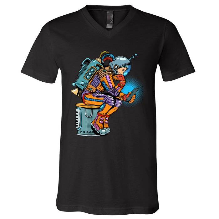 Retro Astronaut With Smartphone V-Neck T-Shirt