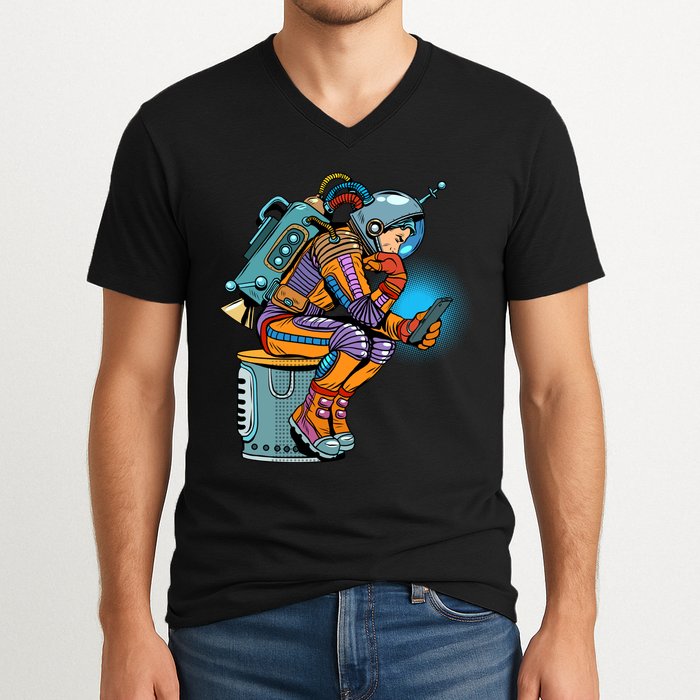 Retro Astronaut With Smartphone V-Neck T-Shirt