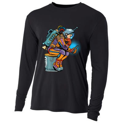 Retro Astronaut With Smartphone Cooling Performance Long Sleeve Crew