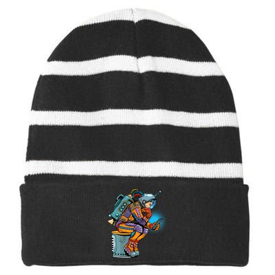 Retro Astronaut With Smartphone Striped Beanie with Solid Band