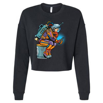 Retro Astronaut With Smartphone Cropped Pullover Crew