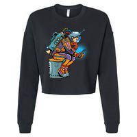 Retro Astronaut With Smartphone Cropped Pullover Crew