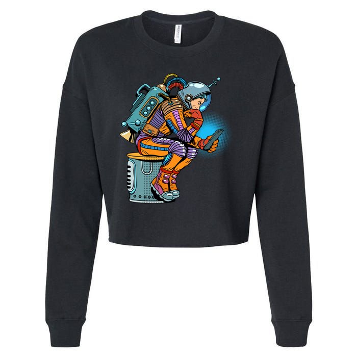 Retro Astronaut With Smartphone Cropped Pullover Crew
