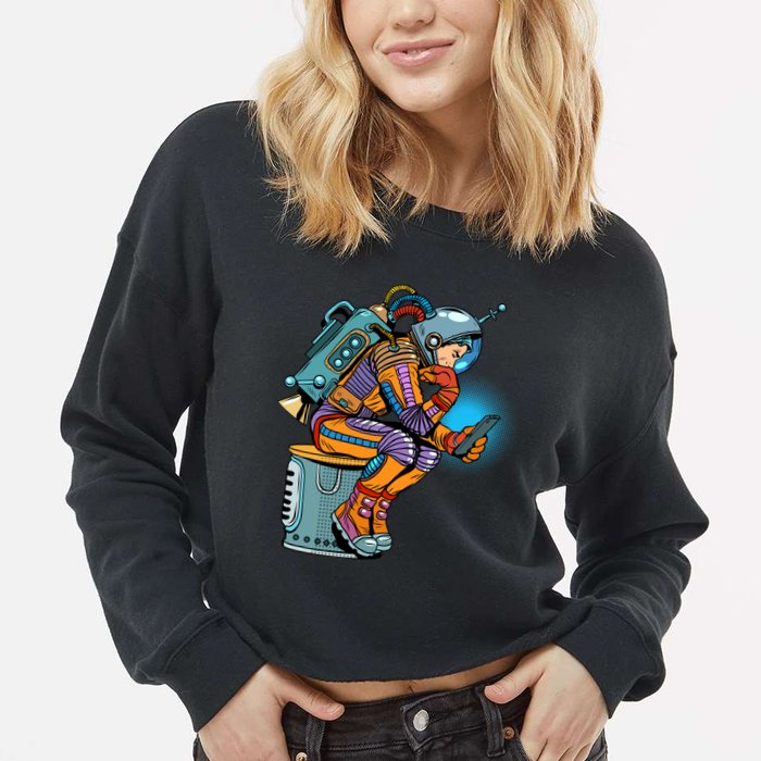 Retro Astronaut With Smartphone Cropped Pullover Crew