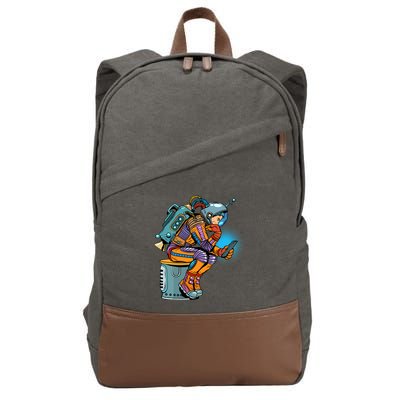 Retro Astronaut With Smartphone Cotton Canvas Backpack