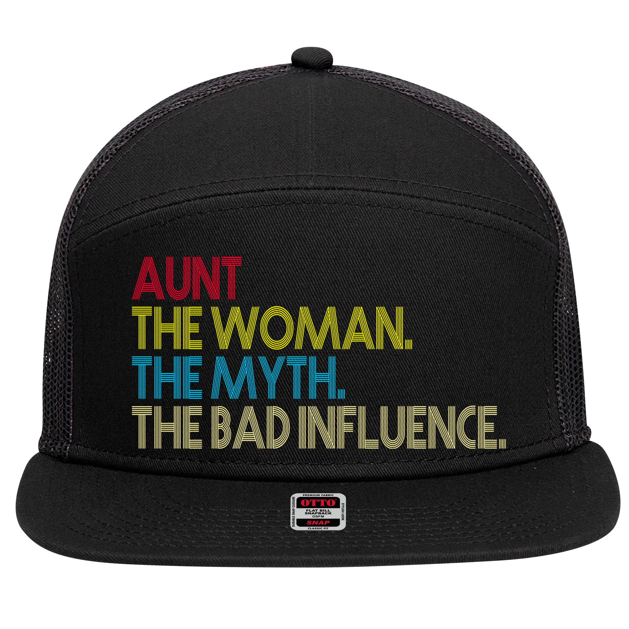 Retro Aunt The Woman Myth Bad Influence 7 Panel Mesh Trucker Snapback Hat