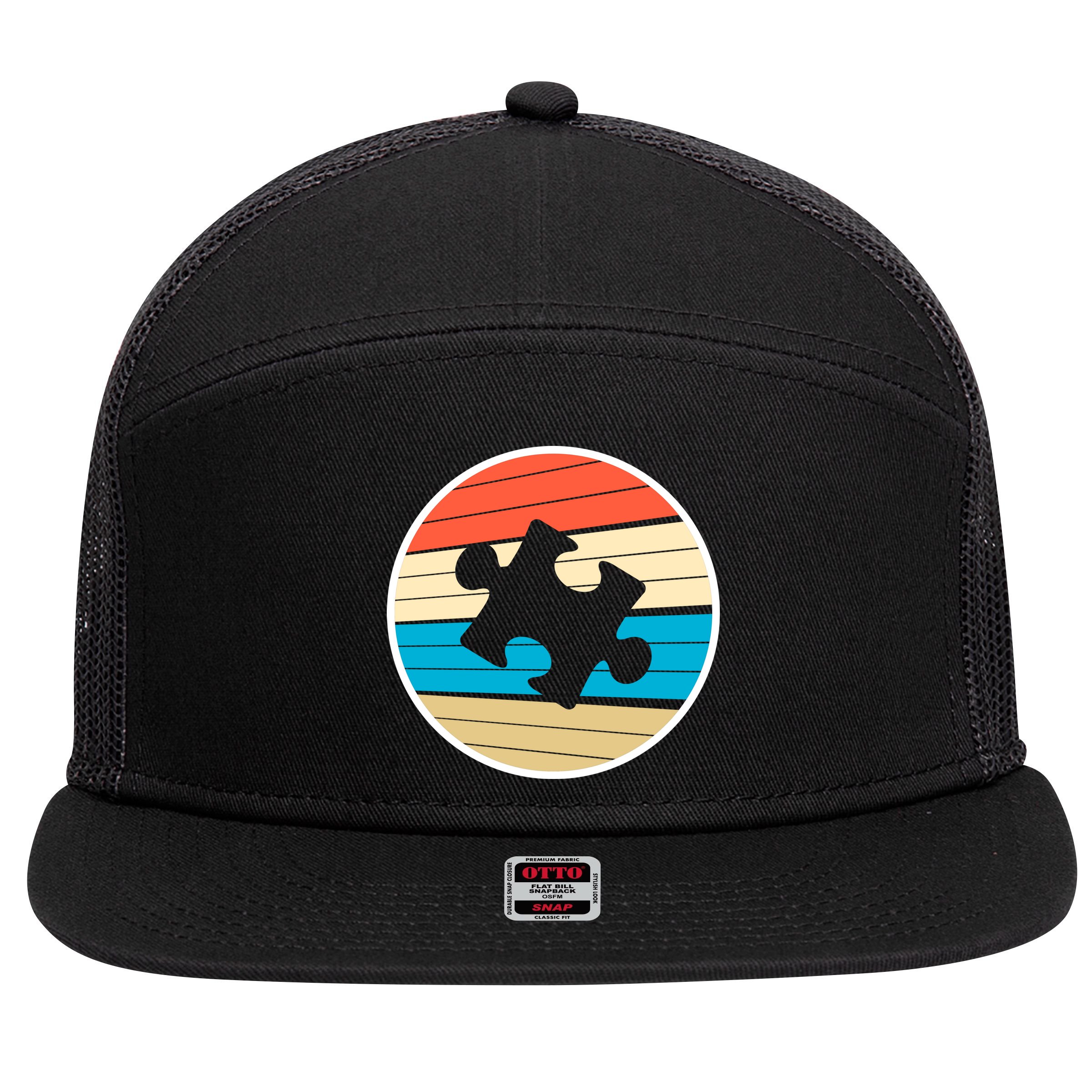 Retro Autism Awareness Puzzle Piece 7 Panel Mesh Trucker Snapback Hat
