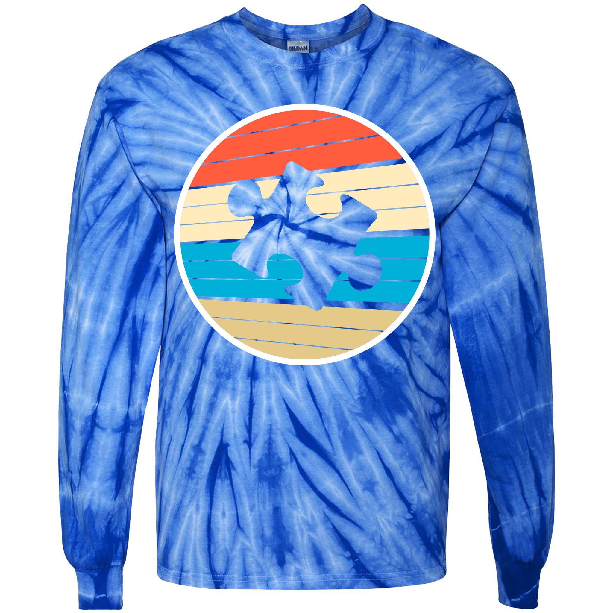 Retro Autism Awareness Puzzle Piece Tie-Dye Long Sleeve Shirt