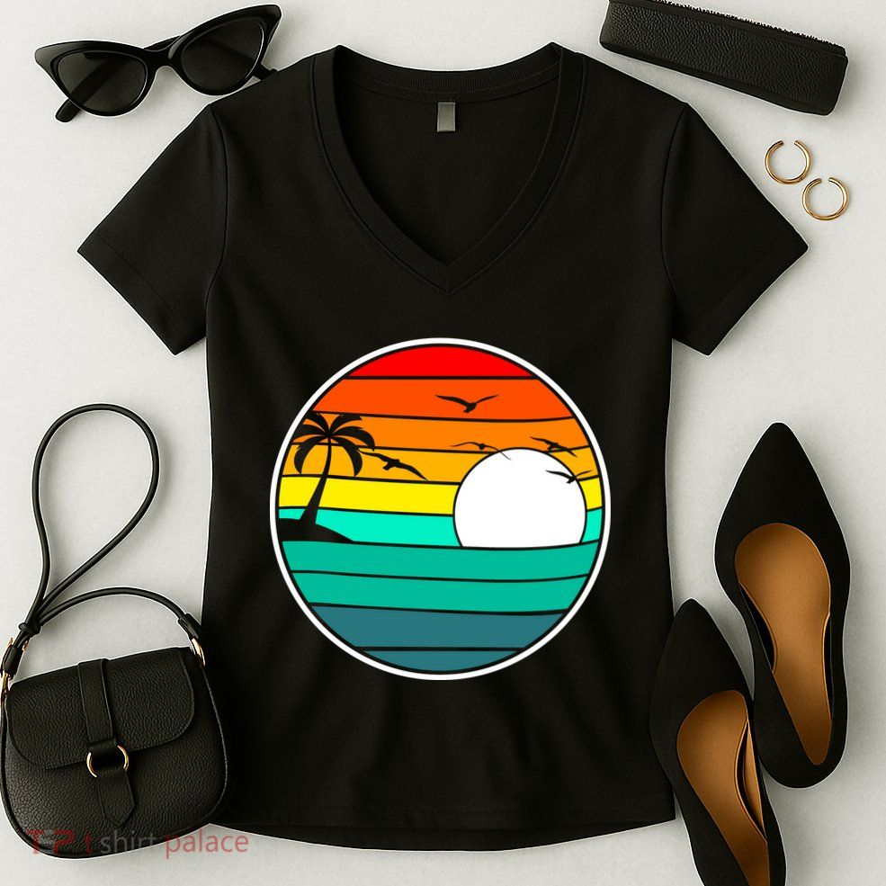 Retro Beach 80's Aesthetic  Women's V-Neck T-Shirt