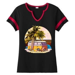 Retro Beach Hippie Van Ladies Halftime Notch Neck Tee