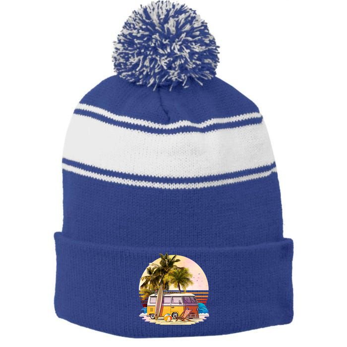 Retro Beach Hippie Van Stripe Pom Pom Beanie